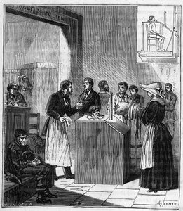 Apparatus used in hospitals in Paris at the end of the 19th century for the war of scabies by sulfur - Engraving in Sciences brought to the graces of all - physics and chemistry by Alexis Clerc - End 19th century - Private collection