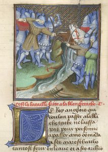 Medieval soldiers fighting, across a river, from Chroniques d
