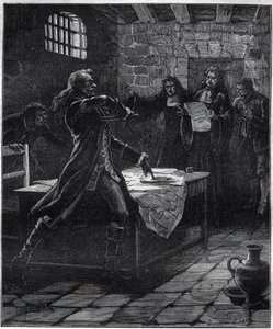 Attempted suicide of Marquis Thomas Arthur, Baron de Tollendal, Count of Lally (1702 - 1766), French general of Irish origin at the time of the announcement of his death sentence for treason by the Paris parliament in 1766. Engraving of the 19th century.