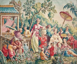 Aubusson Cartoon for a Wall Hanging of Figures in an Oriental Garden by French School