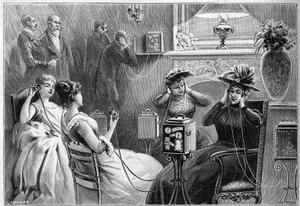 Audition of the Theatrophone (Theatre Auditions at Home) in the Lounge of a Grand Hotel in Paris in 1892