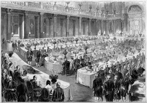Banquet organized on 14 August 1859 by Napoleon III in the State Hall of the Denon Pavilion in the Louvre (Paris) in honour of the soldiers of the Italian army after their victory at the Risorgimento in 1859. Engraving in Le Monde Illustré n°124 of 27