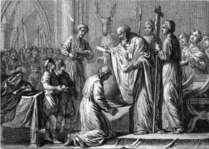 Baptism of Clovis I, 25th December 496: the king of the Franks (466-511) is baptized by Saint Remi (437-533), bishop of Reims, in the church of Saint Martin