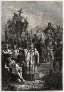 Baptism of the pagan Saxon leader Widukind under the pressure of the emperor Charlemagne - Charlemagne imposes the baptism to the Saxons - Conversion of Widukind or Witikind before Charlemagne in 785 - engraving from L