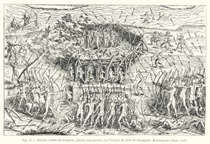 Battle Against the Iroquois; after an Engraving from the Voyages of Sieur de Champlain, Xaintongeois, Paris