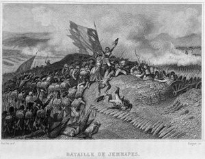 Battle of Jemappes in 1792 (Victory of the French, commanded by Dumouriez) - in Revolution francaise by Thiers. 19th century