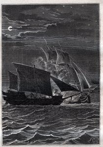 Battle of the Swallow and a Malaysian pirate ship: The Swallow ship of Philip Carteret fought with a Malaysian pirate ship in the Indonesian waters in 1767 - illustration from The Great Mariners of the 18th century by French School