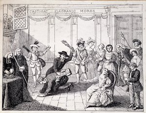 Beaumarchais Whipping in Saint Lazare - Scene of Fustigation by Beaumarchais, Holding in Hand the Brochure of the Folle Journee - from ap. Painting of the Comedie Francaise by French School