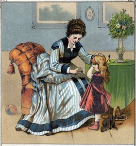 Berthe is crying because she just poked her finger while doing sewing work. Her mother scolds her for forgetting to use the sewing. Chromolithography taken from 