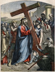 Bible Scene - Way of the Cross: Jesus is the burden of the cross. Engraving in Le Pelerin of May 3 by French School