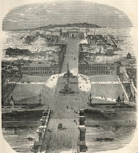 Bird view of Place de la Concorde, Rue Royale with the Church of the Madeleine - Engraving in 