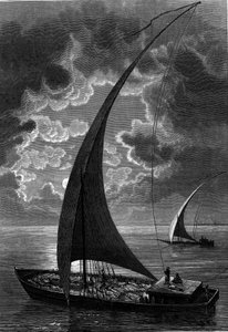Boat (felouque) on the Nile, Egypt. Engraving in 