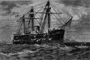 Boat ship attacked by torpedo boats by French School
