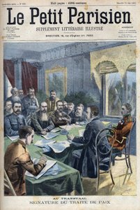 Boer War. The signing of the Transvaal peace treaty between Boer chiefs and British general Horatio Herbert Kitchener in Pretoria, South Africa. Engraving in 
