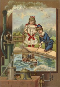 Boy demonstrating toy steam boat to girl by French School