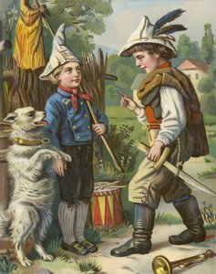 Boys playing soldiers with their dog in the country