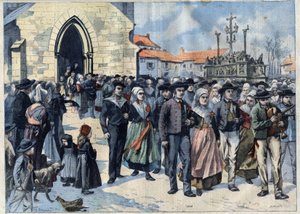 Breton Custom: Traditional Marriage in Plougastel (Finistere, Brittany). Marriages Leave the Church. Engraving in Le Petit Parisien by French School