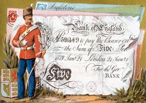 British army soldier guarding a Bank of England Five Pound Note, 1886-95 by French School