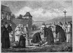 Burial of a Carthusian at the Abbey of Tamie in Savoy (Cistercian Community). Engraving from 1875