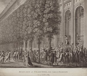 Camille Desmoulins delivering a call to arms to the people at the Palais Royal, Paris by French School