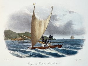 Canoe with sail from the Vanikoro Islands, Solomon Islands, colour engraving from Voyage of discovery of the Astrolabe undertaken by order of the king, during the years 1826-1829, by Jules-Sebastien-Cesar Dumont d