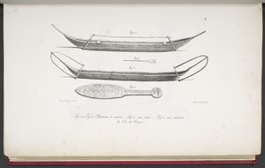 Canoes, and a club from Easter Island, from Voyage pittoresque autour du monde, avec des portraits de sauvages d