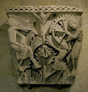 Capital Depicting a Man Shooting an Arrow into the Neck of Another by French School