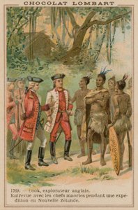Captain James Cook meeting with Maori chiefs in New Zealand, 1769