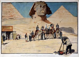 Caravan of tourists being photographed in front of the Gizeh sphinx
