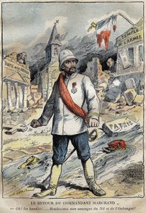 Cartoon on commander Jean-Baptiste Marchand, in Toulon, returning from an exploration mission in Africa. Engraving in 