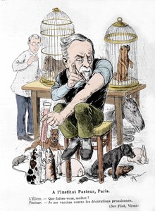 Cartoon representation of scientist Louis Pasteur, inventor of the vaccine against rabies, vaccinating himself against Prussian decorations. Published in 