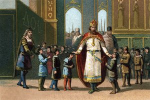 Charlemagne, King of France from 768 to 814, founder of the school supervises the classes. Chromolithograph around 1890