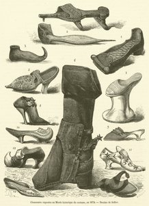 Shoes Exhibited at the Historical Costume Museum, 1874 (engraving) by French School