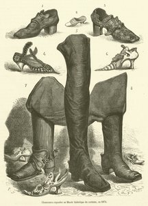 Shoes Exhibited at the Historical Costume Museum, in 1874 (engraving) by French School