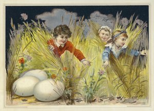 Children looking for enormous Easter eggs by French School