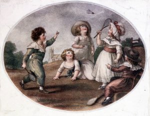 Children playing the wheel game (now badminton)