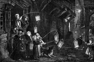 Christian custom - Epiphany - 1860: children of a village in Normandy with lanterns walking through the streets