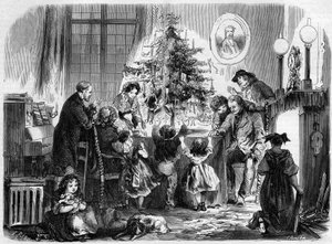 Christmas party in Alsace: a family reunited around the Christmas tree (engraving in 