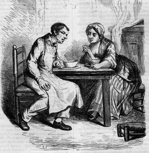 Christophe and the fat Sylvie: servants having breakfast. Engraving mid 19th century. Illustration for The Father Goriot by Honore de Balzac (1799-1850) by French School