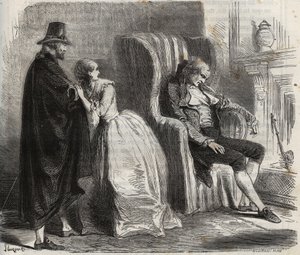 Clotilde Sprengel and Zacharie Bergmann watch German doctor Petrus Schultz asleep in front of the 18th century. Engraving from 1871 in 