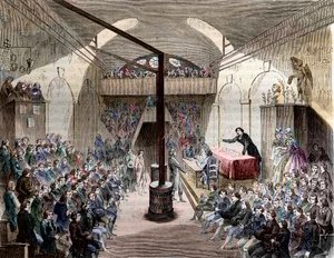 Club des Jacobins - Paris rue Neuve-St Honore 1789 - View of the club of Jacobins. Former convent of the Order of St Dominica - A session at the club of Jacobins, during the Revolution of 1789 - Engraving of 1844 - French Revolution. A session at the Jacob by French School