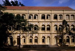 Colonial architecture in Vietnam: Detail of the Puginier School, Christian school founded by Monsignor Puginier, built in 1898, military style architecture