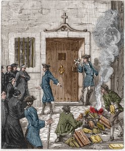 Conviction of the Societe des Jesuites following the decision of the Parlement de Paris of 6 August 1762. The court ordered that more than 24 books and books made by the Jesuites be burned by the executioner. Engraving of the 19th century. by French School