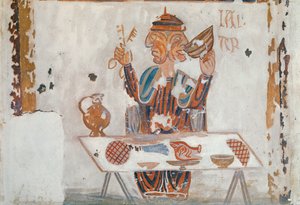 Copy of a medieval original depicting January, from the Occupations of the Months, from the Chapelle de Pritz, Laval