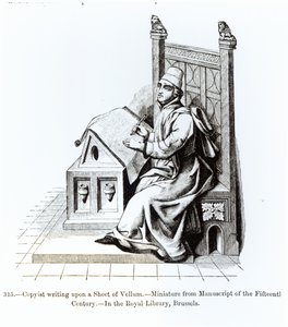 Copyist Writing upon a Sheet of Vellum, from a manuscript, illustration from Science and Literature in the Middle Ages and the Renaissance, written and engraved by Paul Lacroix, 1878 by French School