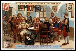 Corporations in the Middle Ages: A Deliberation of the Jurands of Butchers, Tanners, Soap Makers, Shoemakers, Gloves and Assembled Barbers - Advertising Vignette Liebig, Late 19th Century by French School