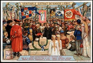 Corporations in the Middle Ages: laying the foundation stone of a town hall, masons, carpenters, locksmiths, cabinetmakers, roofers, boilermakers and glassmakers attend with their various banners by French School