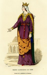 Costume of a Capetian queen in 1360, wearing a golden crown, on a light veil that partially hides her smooth hairstyle, wearing an open chlamyde (coat) on the chest fixed by a golden chain fibula, the very long tunic is tightened at the waist by an embroid