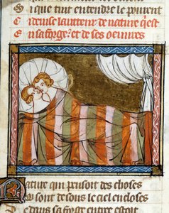 Couple in bed. Miniature taken from the novel of the rose by Jean de Meun by French School