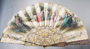 Court Hand Fan Depicting Love and Theatre, Covered Paper with Ivory Guard Stick Decorated with Enamels and Gilded and Silver Metals